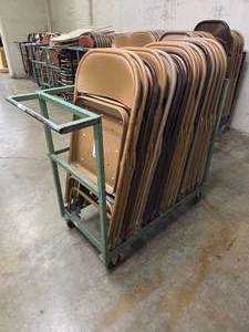 lot 18679 image: Lot of 15 Tan and Brown Chairs With Rolling Storage Cart