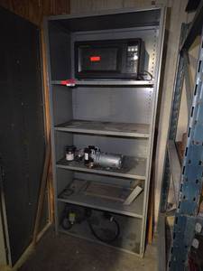 lot 18511 image: Metal Storage Cabinet with Sharp R-1977 Household Microwave Oven 120V with Gast Pump Motor Assembly
