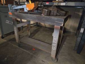 lot 18516 image: Workbench on Casters, Hydraulic  Compression Arm, and Bench Vice