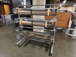 lot 18565 image: Industrial LaminatingPaper Roll Stand With 8 Rollers on Casters
