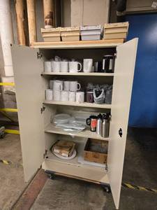lot 18639 image: Metal Storage Cabinet with Shelves and Casters - Contents Included