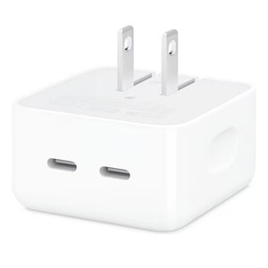 lot 1065 image: Apple 35W Dual USB-C Port Compact Power Adapter Fast Charger for iPhone, iPad, Airpods, Apple Watch, and more