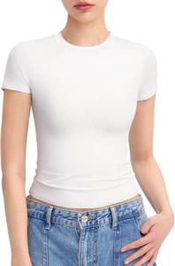 lot 22249 image: PUMIEY Womens Crew Neck Short Sleeve Tops Double Lined Slim Fit T Shirts Basic Tee Smoke Cloud Pro Collection, White, Size XS