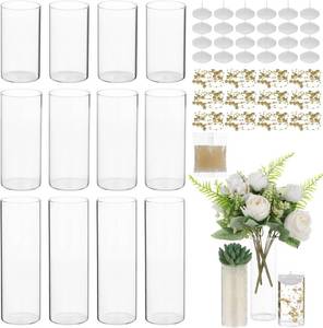 lot 22275 image: OMISTAR 12 Set Floating Candle Vases for Centerpieces - Including 3 Sizes Cylinder Vases, Floating Candles, Golden Beaded Lines, and Absorbent Beads for Wedding, Party, Home Decoration