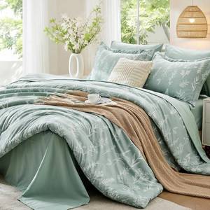 lot 22283 image: MUXHOMO Queen Comforter Set 7 Pieces, Sage Green Bed in a Bag Queen Reversible Botanical Flowers Design, Ultra Soft & Breathable Bedding Sets with Comforter, Sheets, Pillowcases & Shams