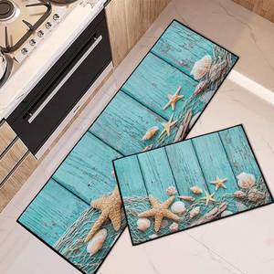 lot 22302 image: Rustic Starfish Shells Kitchen Rugs and Mats Non Skid Washable Set of 2, Turquoise Wooden Planks Mats for Floor, Tropical Beach Runner Rug, Summer Kitchen Decor
