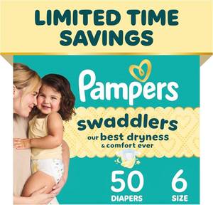 lot 23135 image: Pampers Swaddlers Diapers, Size 6 (23-44 lbs), 50 Count, Hypoallergenic, Absorbent, Keeps Baby Dry and Comfortable, Skin Safe Disposable Baby Diaper