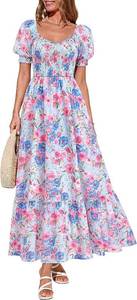lot 23352 image: PRETTYGARDEN Womens Floral Boho Maxi Dresses Flowy Short Sleeve A Line Smocked Eyelet 2026 Summer Beach Vacation Clothes Size Medium