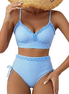 lot 23190 image: Herseas Womens Splice Ruffle Trim Bikini Sets Tie Side Swimsuits High Waisted Bathing Suits SIZE L