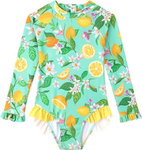lot 23196 image: Baby Toddler Girl Long Sleeve Ruffle Swimsuit One Piece Zipper Rash Guard Bathing Suit with UPF 50 Sun Protection 4t to 5t