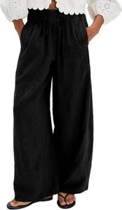 lot 23199 image: Linen Pants for Women Cotton Elastic Waist Boho Palazzo Wide Leg Pants Beach Vacation Casual Trousers with Pockets SIZE L