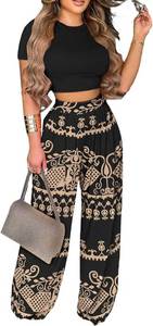 lot 23208 image: 2 Piece Outfits for Women Short Sleeve Crop Top High Waist Wide Leg Long Pant Sets Tracksuit Sport Set SIZE S