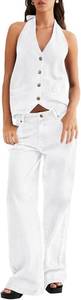 lot 23211 image: Fisoew Womens Two Piece Denim Set Button Down Backless Tank Top and Wide Leg Jeans 2 Piece Outfit Suits SIZE M