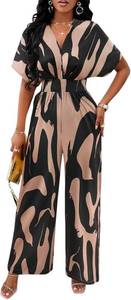 lot 23412 image: PerZeal Womens V-Neck Short Sleeve Printed Jumpsuit with Pockets - Casual Wide Leg One-Piece Romper for Summer Size Medium