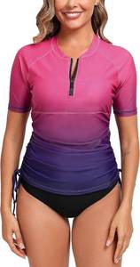 lot 23413 image: Halcurt Womens Short Sleeve Rash Guard Swim Shirt with Bra Half Zip Tie Drawstring UPF50 Swimsuit Top Size XL