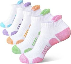 lot 23416 image: Heyoboy Womens Cotton Thick Cushioned Athletic Running Ankle Socks 5 Pairs  Anti-blister Protection, Moisture Wicking, Breathable, Arch Support