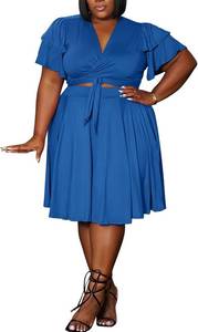 lot 23419 image: Womens Summer Plus Size 2 Piece Outfits Casual Short Sleeve Bandage Wrap Empire Crop Tops and Midi Skirt Sets Size 2XL