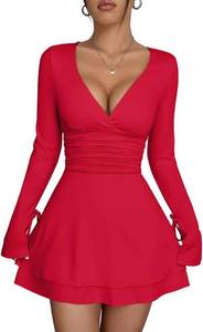 lot 23213 image: XXTAXN Womens Sexy Wrap V Neck Long Sleeve Flowy Hem A Line Ruched Waist Corest Mini Dress SIZE M