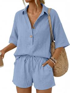 lot 23223 image: LILLUSORY Women 2 Piece Linen Short Sets 2026 Summer Vacation V Neck Short Sleeve Beach Outfits Oversized Button Cotton Pjs SIZE XL
