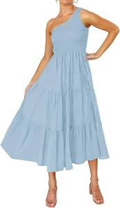 lot 23224 image: ZESICA Womens 2026 Bohemian Summer Floral Print One Shoulder Sleeveless Smocked Ruffle Tiered Beach Long Midi Dress SIZE L