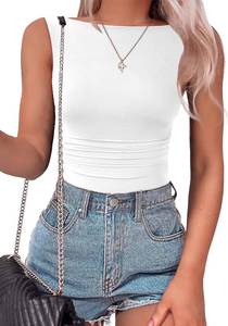 lot 23255 image: SAUNGKUAI Womens Sleeveless Shirts Mesh Ruched Bodysuit Double Lined Boat Neck Body Suits Going Out Tops Date Outfits SIZE M