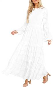 lot 23257 image: MITILLY Womens Elegant Floral Long Sleeve Round Neck Smocked A-Line Flowy Tiered Maxi Dress with Pockets SIZE L