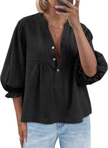 lot 23263 image: Tankaneo Womens Puff Sleeve Babydoll Tops V Neck Button Down Blouse Cute Casual Loose Fit Flowy Shirts Black SIZE XXL