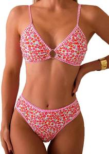 lot 23266 image: Fanuerg Womens Triangle Bikini Sets O Ring Linked Two Piece Swimsuits Floral Printed Cheeky Bathing Suit SIZE M