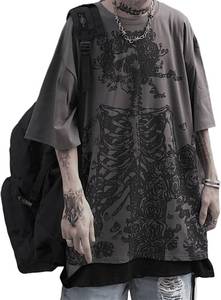 lot 23269 image: Goth Skeleton Rose Graphic T-Shirt - Y2K Gothic Short Sleece Tee for Streetwear, Alternative Punk Tops for Men Women SIZE L