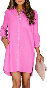 lot 23278 image: Aoudery Womens Button Down Shirt Dresses with Pockets Cotton Button Up Tunics Long Sleeve Solid High Low Blouse Tops SIZE XS