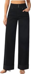 lot 23279 image: roswear Womens High Waisted Stretchy Wide Leg Jeans Cuffed Baggy Jeans Loose Denim Pants SIZE XL