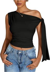 lot 23289 image: Milumia Womens Ruched One Off The Shoulder Tank Tops Asymmetrical Neck Tie Shoulder Going Out Top SIZE L