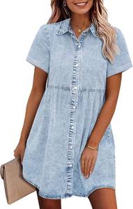 lot 23291 image: GRAPENT Denim Dress for Women Babydoll Tiered Short Sleeve Button Down Jean Shirt Dresses SIZE M