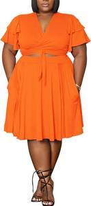 lot 23292 image: Womens Summer Plus Size 2 Piece Outfits Casual Short Sleeve Bandage Wrap Empire Crop Tops and Midi Skirt Sets SIZE XXL