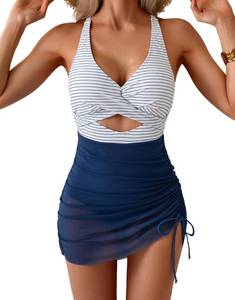 lot 23298 image: B2prity Women Mesh One Piece Swimdress Swimsuit Tummy Control V Neck Cutout Bathing Suit Wrap Drawstring Sarong Swimwear SIZE M