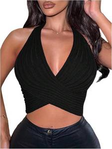 lot 26013 image: OYOANGLE Womens Criss Cross Halter Crop Top Backless Wrap Tank Tops Sleeveless Sexy Party Rave Outfit Size Large
