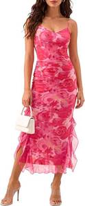 lot 26017 image: DRESSTELLS Womens Summer Floral Wedding Guest Spaghetti Strap Maxi Long Mesh Ruched Slit Beach Dress Size Medium