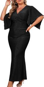 lot 26033 image: ZOMVA Plus Size Maxi Sparkly Dress Formal Evening Gown Cocktail Prom Glitter V-Neck Wrap Handkerchief Sleeves Size 1XL