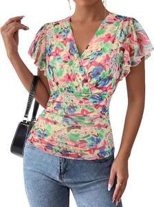 lot 26034 image: GRACE KARIN 2026 Womens Mesh Tops Summer Ruffle Sleeve Dressy Casual Top Floral Wrap Blouse Fashion Outfits Size Small