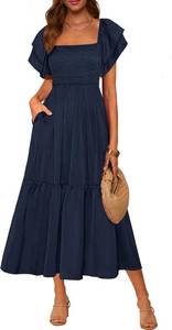 lot 26036 image: MASCOMODA Womens Summer Casual Midi Dress Square Neck Ruffle Short Sleeve Smocked High Waist A Line Wedding Guest Dresses Size XL
