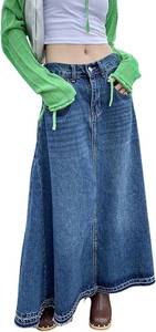 lot 26040 image: CHARTOU Womens Back Elastic High Waist A-Line Maxi Long Denim Jean Skirt Size XXL