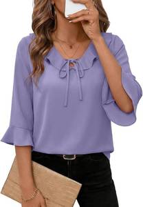 lot 26043 image: EVALESS Womens Tops Dressy Casual Tie Front Ruffle V Neck 34 Sleeve Business Blouses Office Shirts Size Small