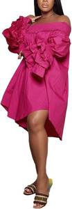 lot 26045 image: WOKANSE Womens Casual Plus Size Shirred Dresses Off Shoulder Bell Sleeves Ruffle Loose Stretchy Neck Midi Dress Size Large