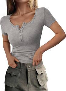 lot 26062 image: PRETTYGARDEN Womens 2026 Summer Short Sleeve Tops Ribbed Henley Button Slim Fit Basic Casual T Shirts Blouse Fashion Clothing Size Small