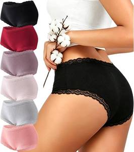 lot 26063 image: FINETOO Cotton Underwear for Women Sexy Boy Shorts Breathable Cheeky Lace Trim Panties Cheeky Underwear Womens Lingerie Size Large