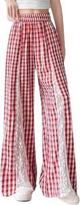 lot 26065 image: Womens Plaid Wide Leg Pants Lace Patchwork Gingham Pants High Waist Palazzo Lounge Trousers with Pockets Size Large