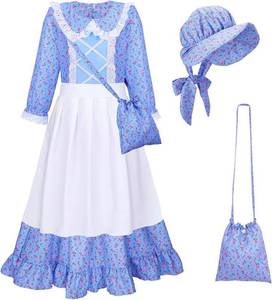 lot 26067 image: Meland Pioneer Dress for Girls, Colonial Floral Costume with Bonnet Apron & Purse, Dress Up Clothes for Girls Ages 11-13 Size XL