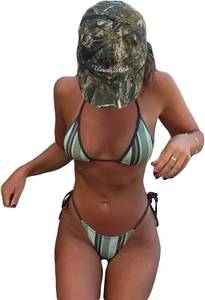 lot 26093 image: Womens Cute Striped Print Bathing Suit High Waist Halter Summer Swimsuit Bikini Set Size Small