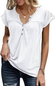 lot 26097 image: Womens V Neck T Shirts Rolled Short Sleeve Henley Tops Button Up Solid Loose fit Summer Casual Tees Shirts Size Small