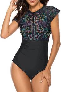 lot 26099 image: Wolddress Women Modest One Piece Bathing Suit Short Sleeve Tummy Control Swimsuit Zipper Surfing Athletic Rash Guard Size Large